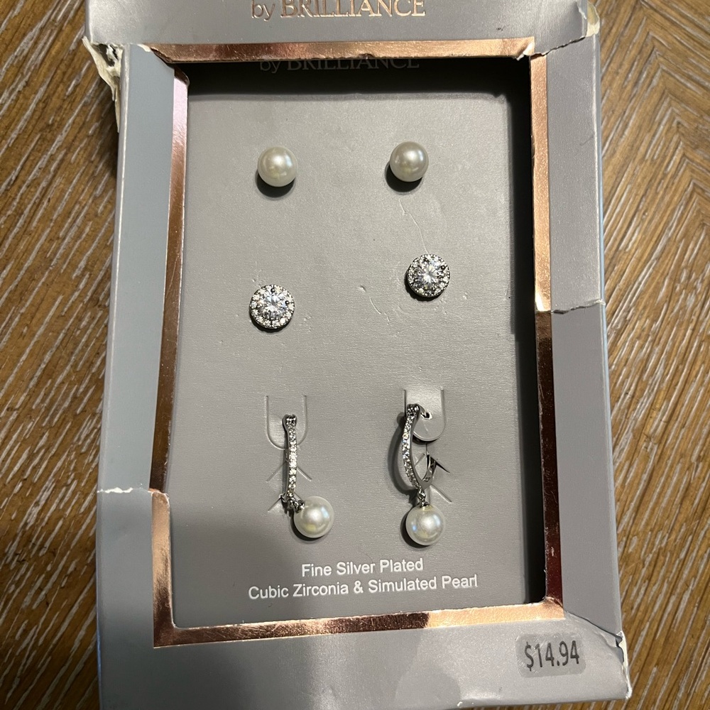 Brilliance Silver Plated Cubic Zirconia & Simulated Pearl Trio Earring Set